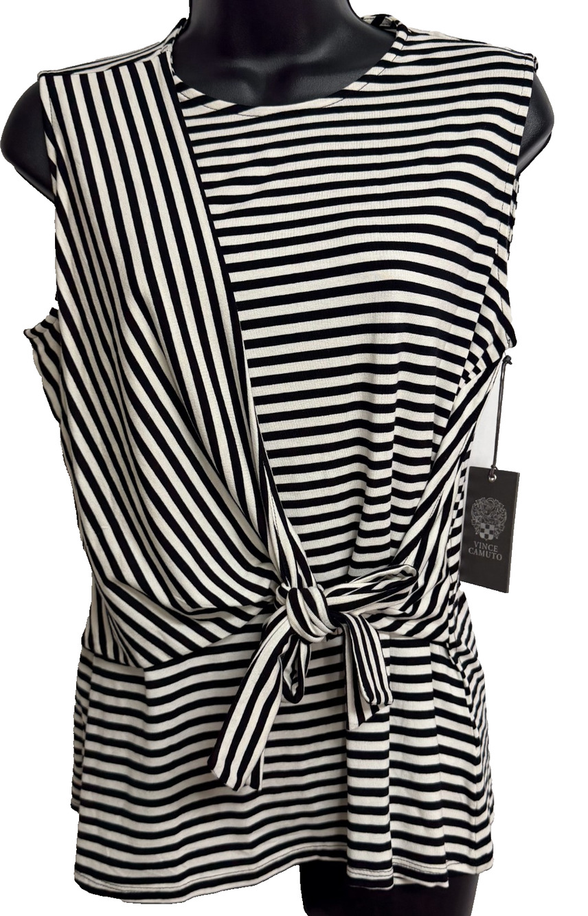 Vince Camuto Vibration Stripe Tie Front Sleeveless Top Women's M Black White NEW
